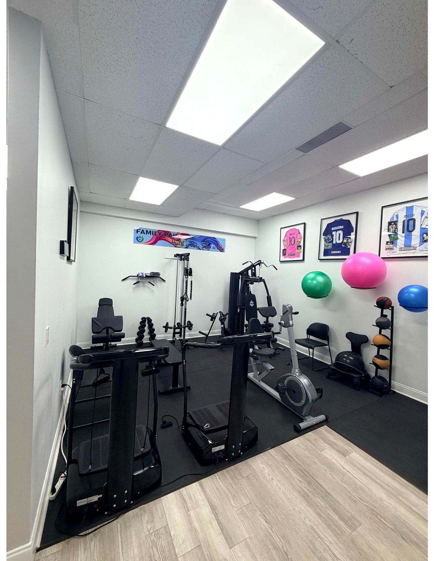 The rehabilitation gym with treadmills, a multi-station weight machine, stability balls and medicine balls